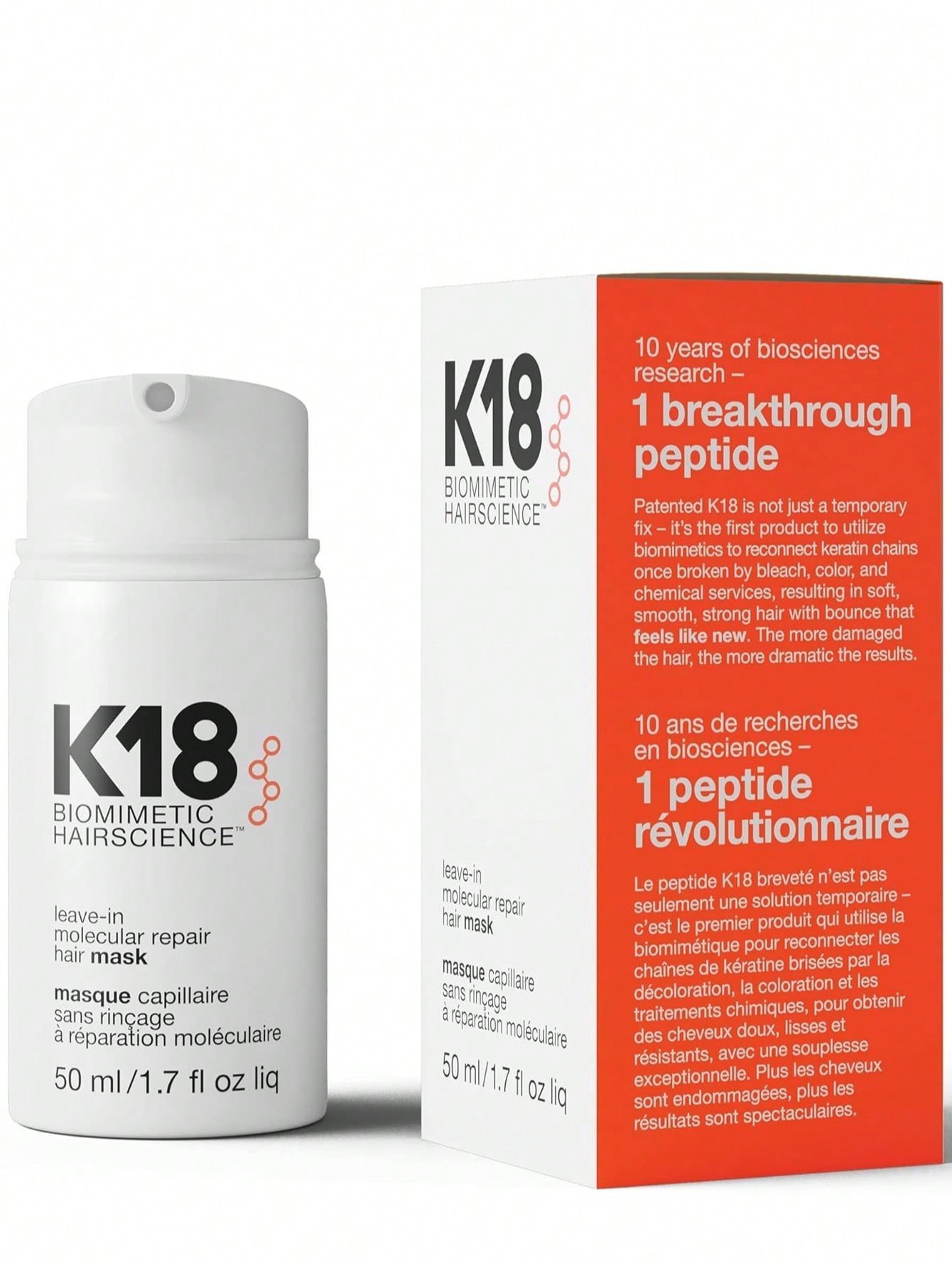 K18 Leave-In Molecular Repair Hair Mask, Patented, Lasting Repair For Dry, Frizzy, Damaged Hair, Reverse Damage In 4 Minutes From Bleach, Color, Chemical Services + Heat