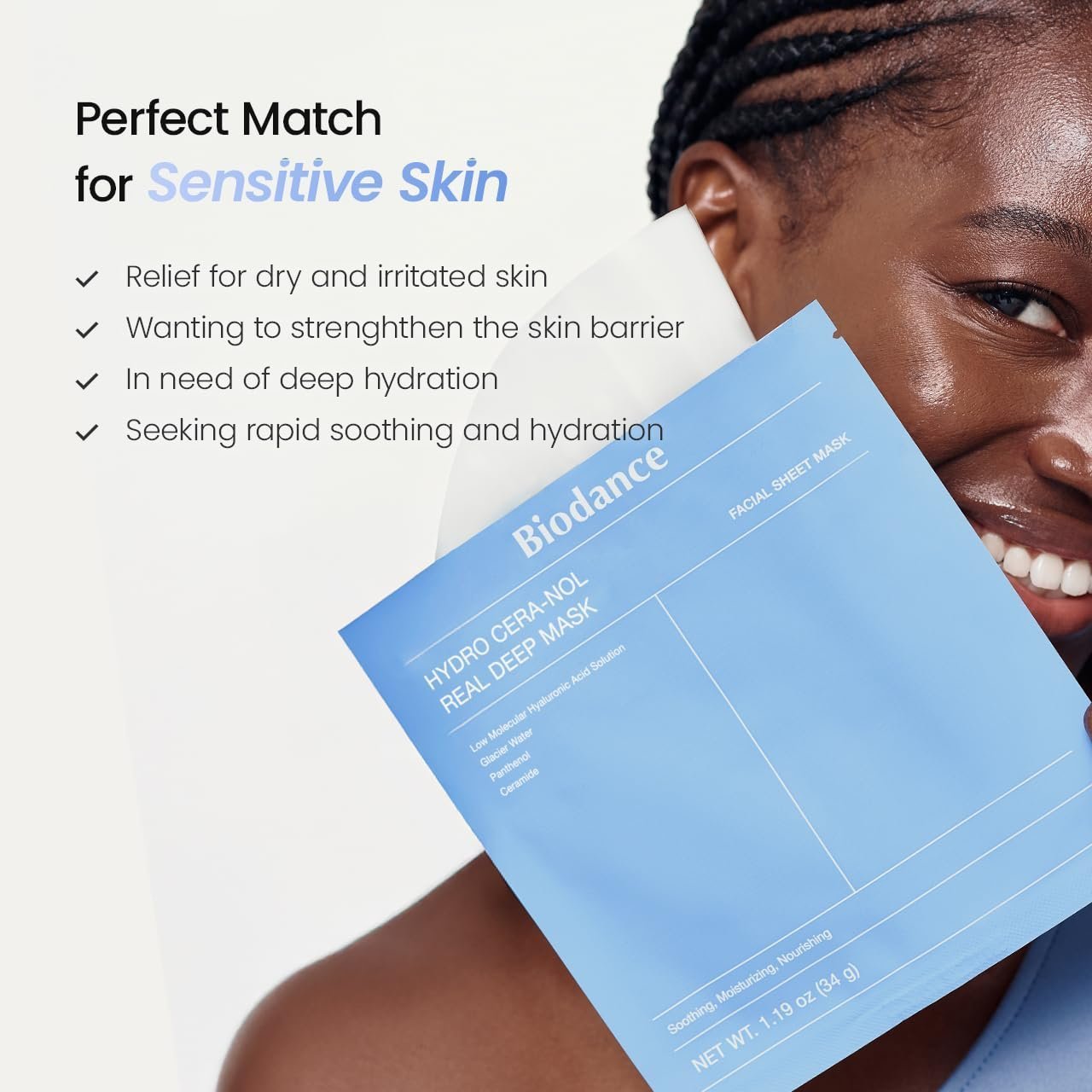 BIODANCE Hydro Cera-nol Real Deep Mask, Hydrating Overnight Hydrogel Face Mask, Moisturizing, Redness Reducing, Quick Soothing, After Sun Care, Sunburn Relief, Korean Skin Care |1.19oz(34g) x4ea - 图片 3