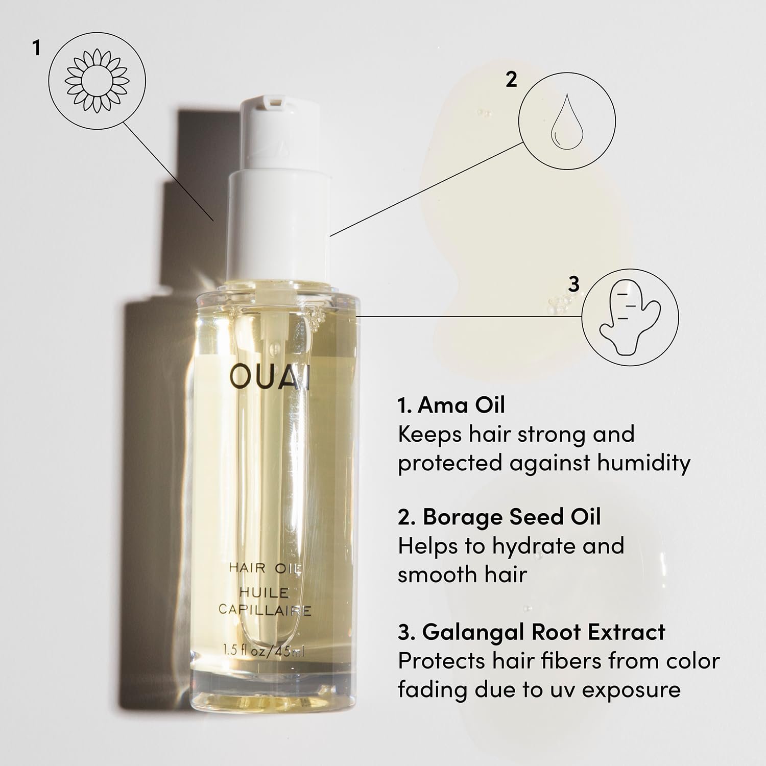 OUAI Hair Oil - Hair Heat Protectant Oil for Frizz Control - Adds Shine and Smooths Split Ends - Color Safe Formula - Paraben, Phthalate and Sulfate Free (1.5 fl oz) - Image 3