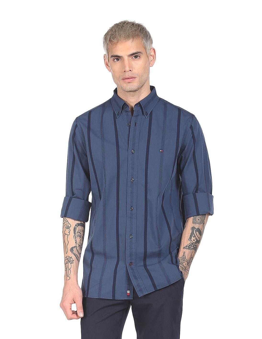 Tommy Hilfiger Men's Classic Fit Button-Down Shirt Blue Stripe
